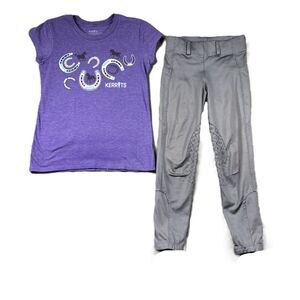 Kerrits Girl T-Shirt Riding Pants Equestrian Horse Leggings Purple Gray S/M L125